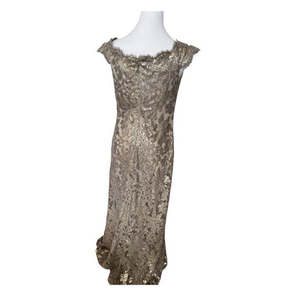 Tadashi Shoji Size 6 Paillette Embroidered Lace Gown Off Shoulder Champagne - Picture 2 of 14